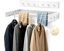 Waslijn Van 80 Cm Voor Wandmontage Met 6 Haken Aluminium Waslijn Voor Balkon Badkamer Of Radiator Onzichtbaar En Ruimtebesparend Draagvermogen Tot 30 Kg wit