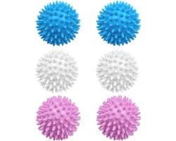 Doseerbal voor wasmachine, 6 stuks à 6 cm, drogerbal, wit, blauw en paars, herbruikbaar, antistatisch en sneldrogend