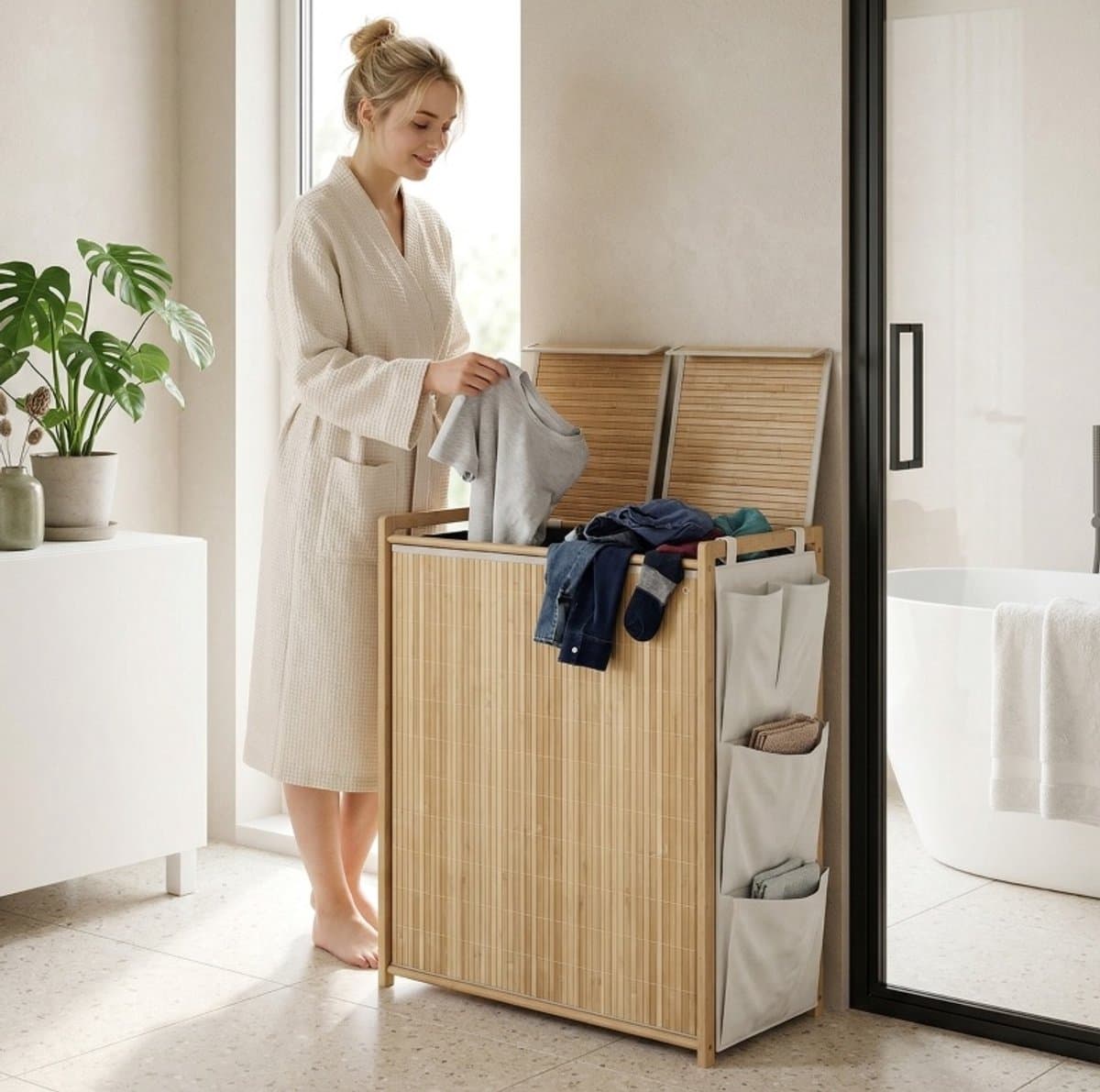 REDOM - Bamboe wasmand - 120 L inhoud - Scharnierend deksel en twee uitneembare trekkoordzakken - Vier zijvakken - Natuurlijk hout - 63 x 33 x 78 cm — afbeelding 1