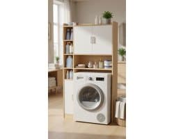 Wasmachinekast met 3 deuren en verstelbare planken - Wit/Natuur - 82 x 24 x 170 cm-wit en natuurhoutkleur.