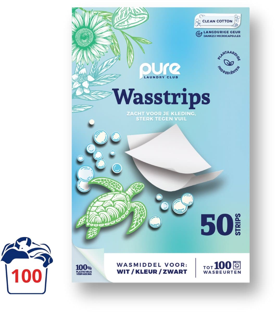 Pure Laundry Club Wasstrips - Clean Cotton - 100 Wasbeurten - Krachtige Reiniging - Plasticvrij Wasmiddel - Wasmiddeldoekjes voor Wit, Kleur & Zwart — afbeelding 1