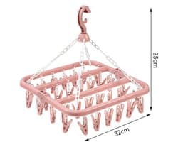 Opvouwbaar hangend kledingrek met 32 klemmen - kleerhangers - kleerhangers kunststof - Multifunctioneel windbestendig droogrek - Droogrek voor sokken en ondergoed - Huishoudelijk plastic kledingdroogrek - Hangend droogrek - roze — afbeelding 1