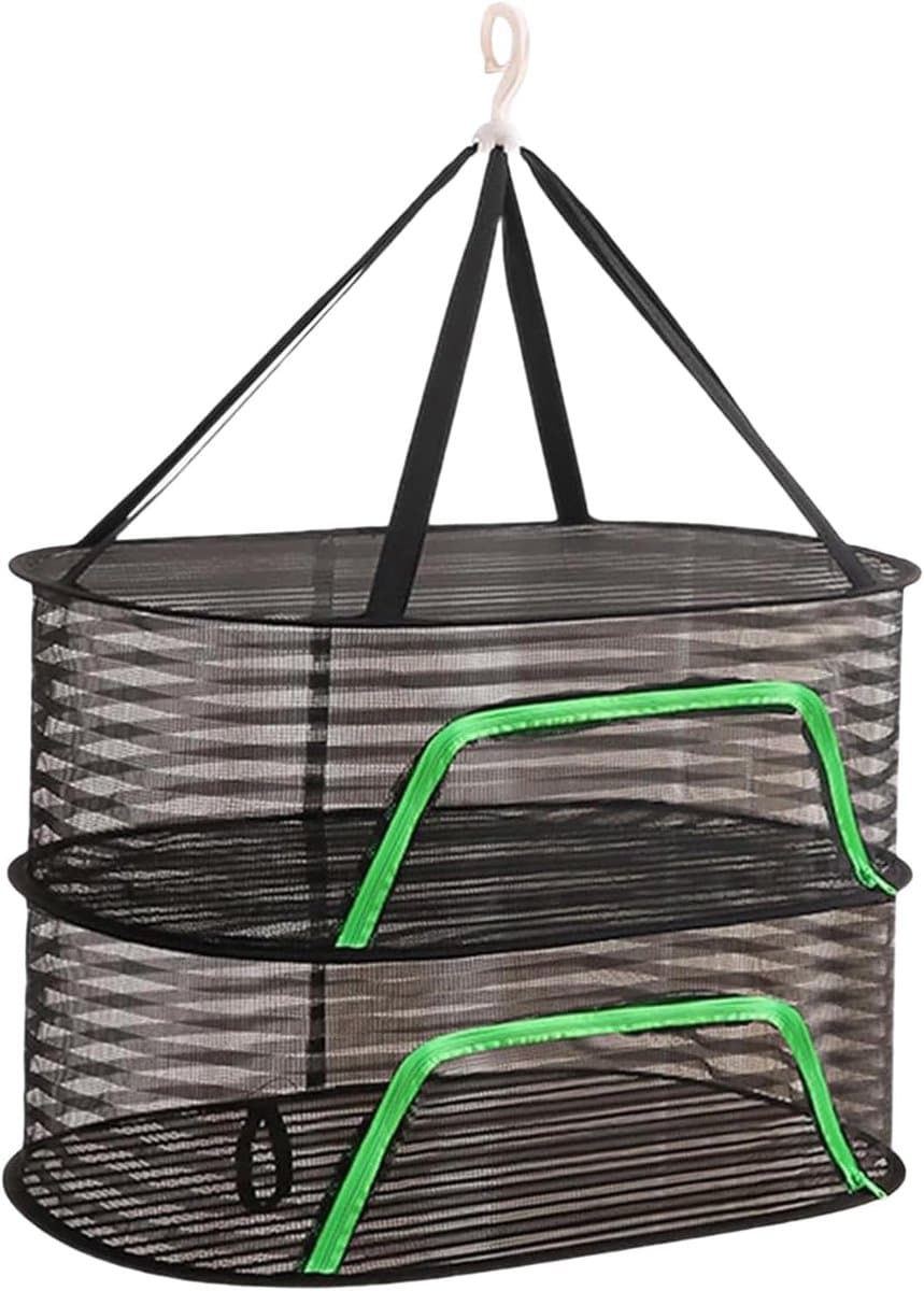 Fruit droogrek van gaas - Opvouwbaar ophangnet voor groenten en vlees - Draagbare lichtgewicht houder - ruimtebesparende organizer voor buiten - duurzaam multifunctioneel accessoire - Dubbele laag - 1 stuk(zwart) — afbeelding 1