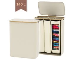 Wasmand 140 Liter met Deksel – 3 Vakken Was Sorteerder – Beige – Grote Wasmand voor Gezin – IN-HOMEXL Modena — afbeelding 1
