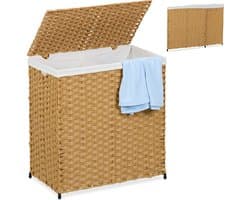 wasmand met 2 vakken - 110 liter - rotanlook - binnenzak - bruin-beige