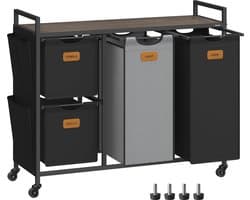 FurnStar - Wasmand 4 vakken - Wasverzamelaar 150 l - Wassorteerder - Waswagen met plank - Waszak - Kleine zijzakken - 6 etiketten - 98.6 x 33 x 80.5 cm - Kastanjebruin-Inktzwart-Duifgrijs — afbeelding 1