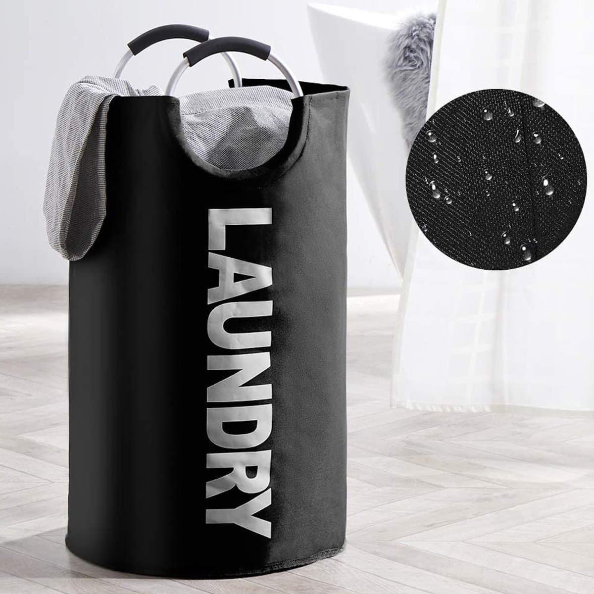 Wasmand - Inhoud 81 Liter - Tekst Laundry - Opvouwbaar met Handvat - Grote Wasmand - Kleur Zwart — afbeelding 1