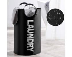 Wasmand - Inhoud 81 Liter - Tekst Laundry - Opvouwbaar met Handvat - Grote Wasmand - Kleur Zwart