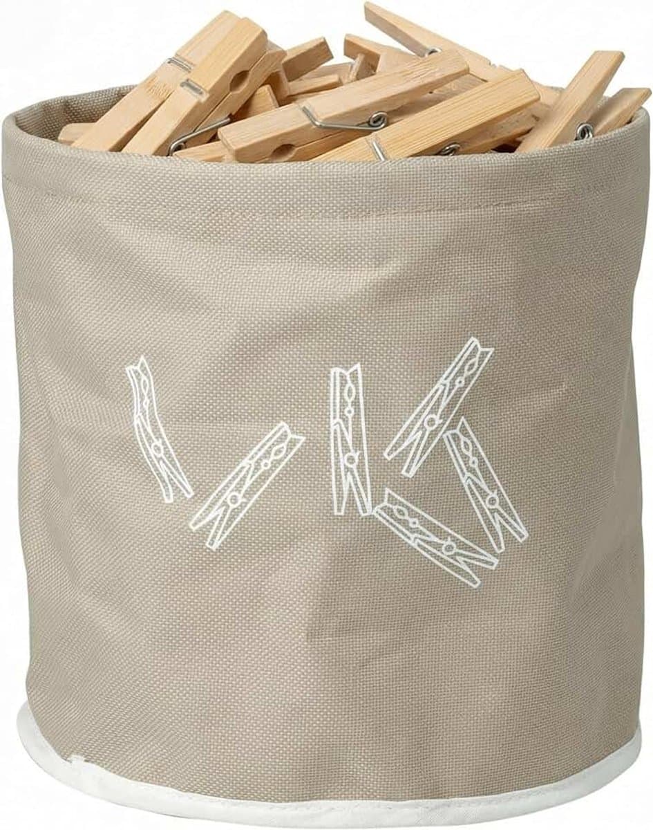 Wasknijpermand 18 x 17 cm – met 24 bamboeclips – lichte polyester stof in beige – voor balkon, badkamer en bijkeuken — afbeelding 1