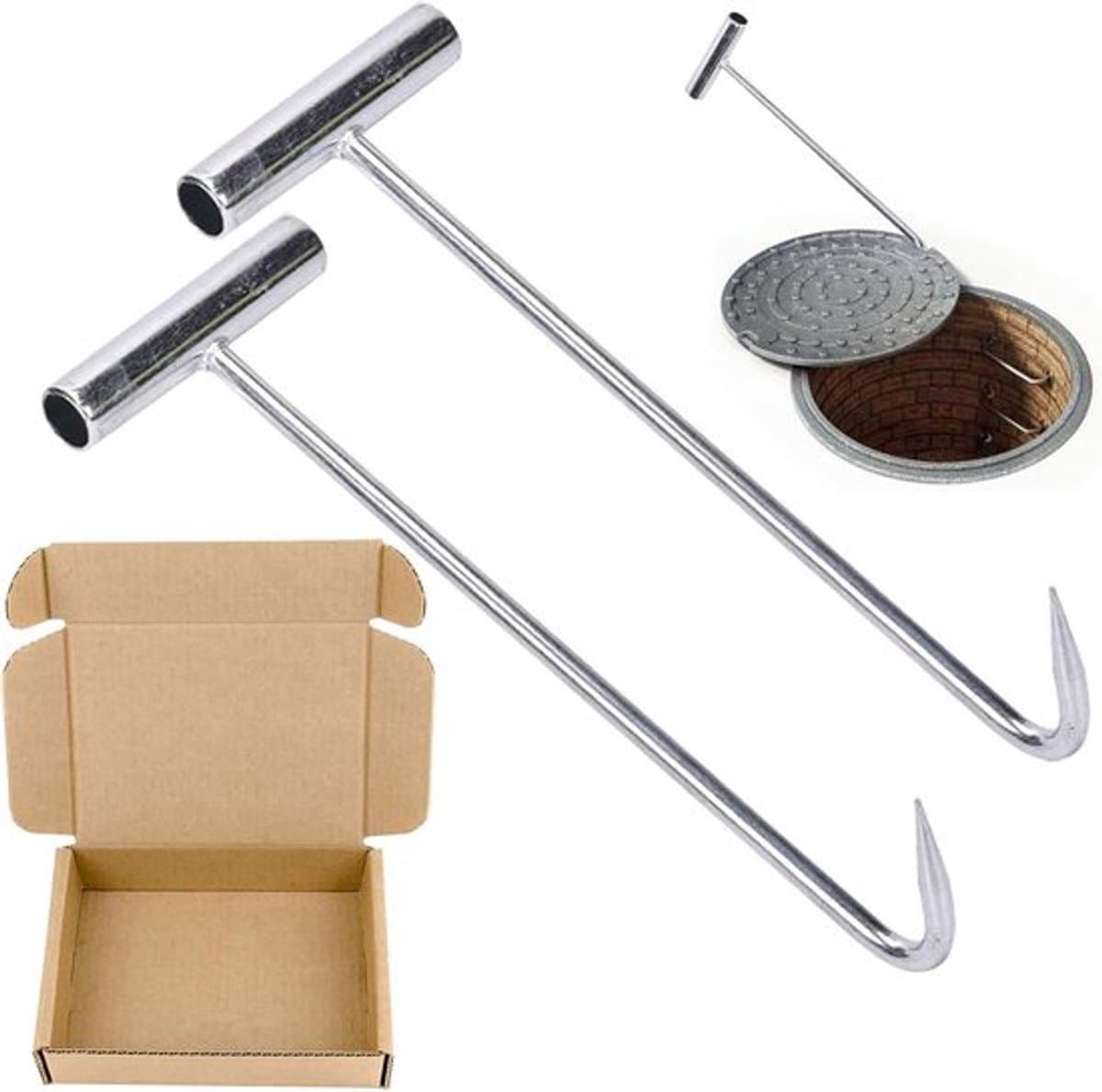 Kanaaldeksellifter Set van 2 - Heavy-duty Hefhaken - Roestvrij Staal - 30 cm lang - Zilverkleurig — afbeelding 1
