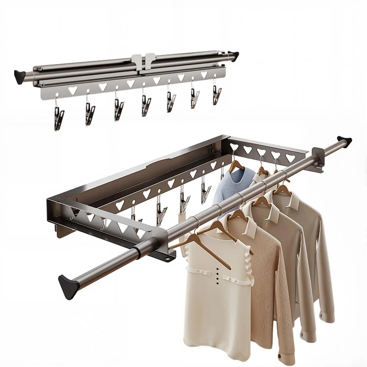Bresht Wanddroogrek - Uitschuifbaar - Inklapbaar – RVS - Voor Binnen & Buiten - Roestvrij staal - Grijs - 55 × 26,7 × 7,5 cm — afbeelding 1
