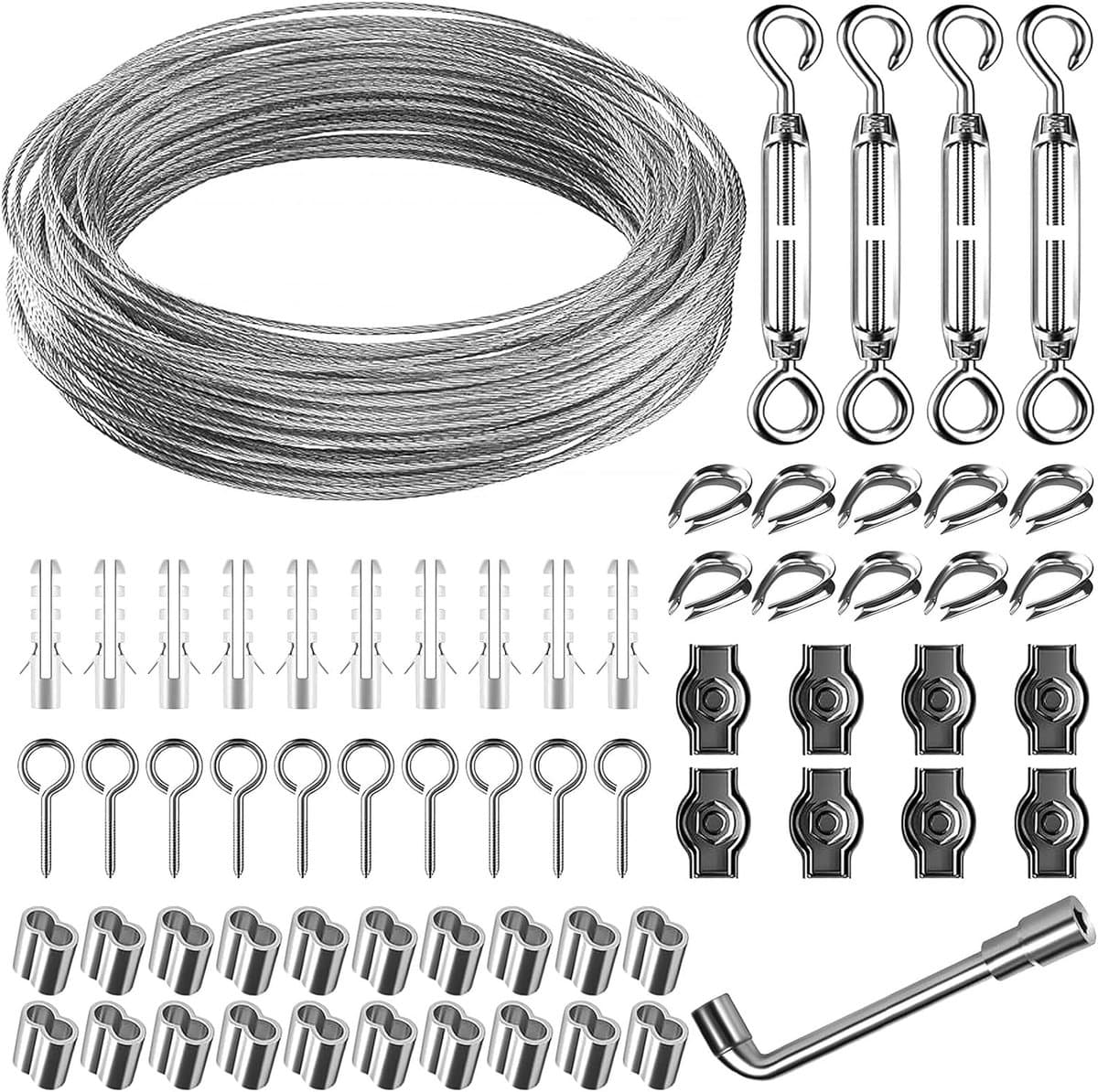 35 m, Ø 3 mm staalkabel, ommanteld met ogen, kabelspanset, spandraad met kabelspanner en draadkabelklem, klimhulp voor klimplanten, gordijntouw, waslijn, lichtophanging — afbeelding 1