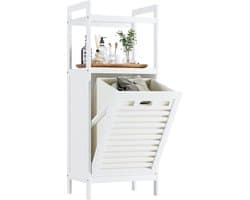 wasmandkast met verwijderbare mand en twee open planken, ruimtebesparende badkamerkast van bamboe, geschikt voor kleding, handdoeken en speelgoed, wit