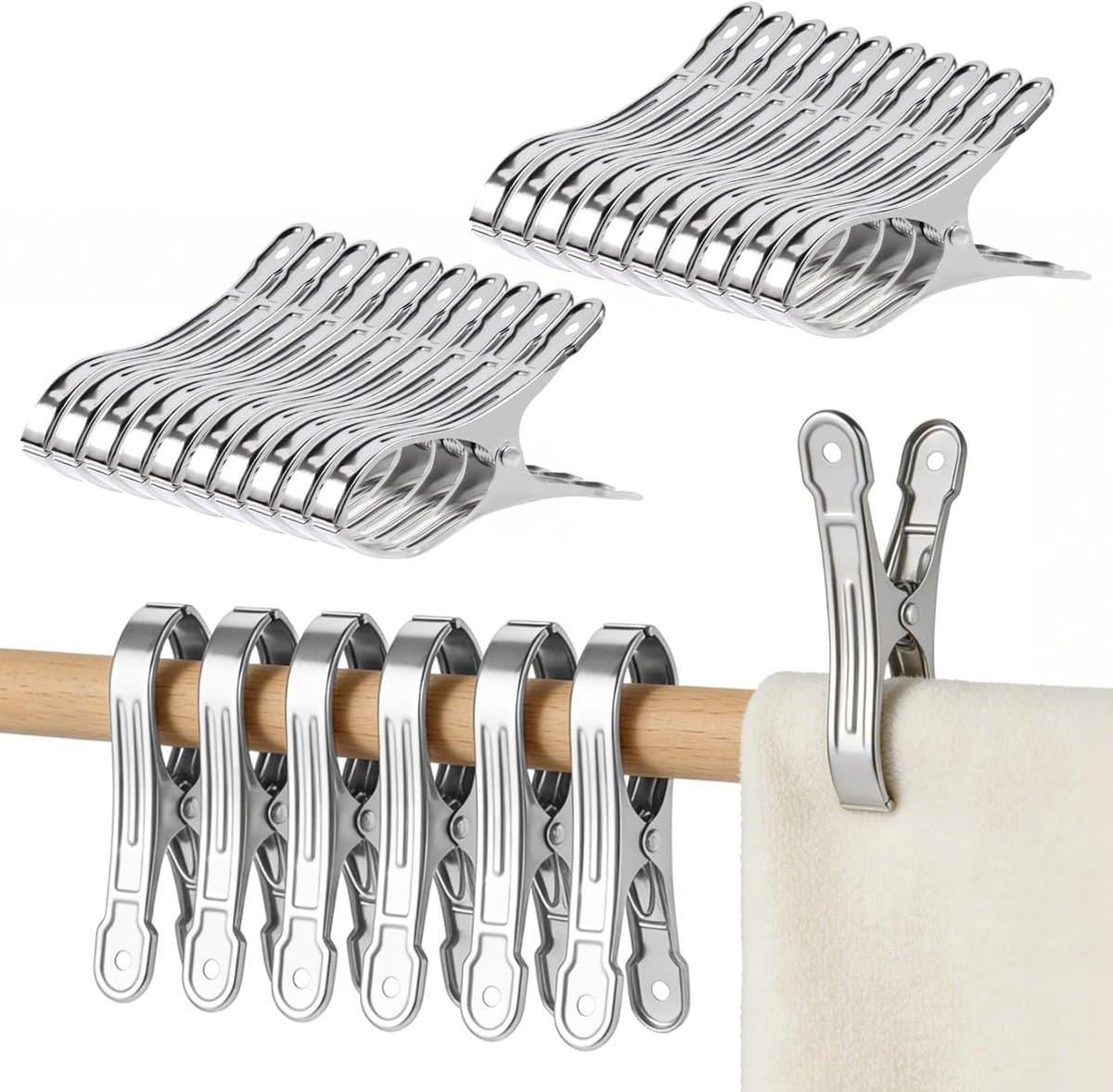 20 stuks strandhanddoekklemmen, grote clips om te bevestigen, strandhanddoekklemmen van roestvrij staal, bedkleedklem van roestvrij staal, multifunctionele clips voor dekbedden, voor het drogen van — afbeelding 1