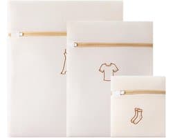 Wasnetjes met ritssluiting - Wit met geel borduurwerk - Set van 3 diverse maten - Polyester waszakken voor delicate kleding
