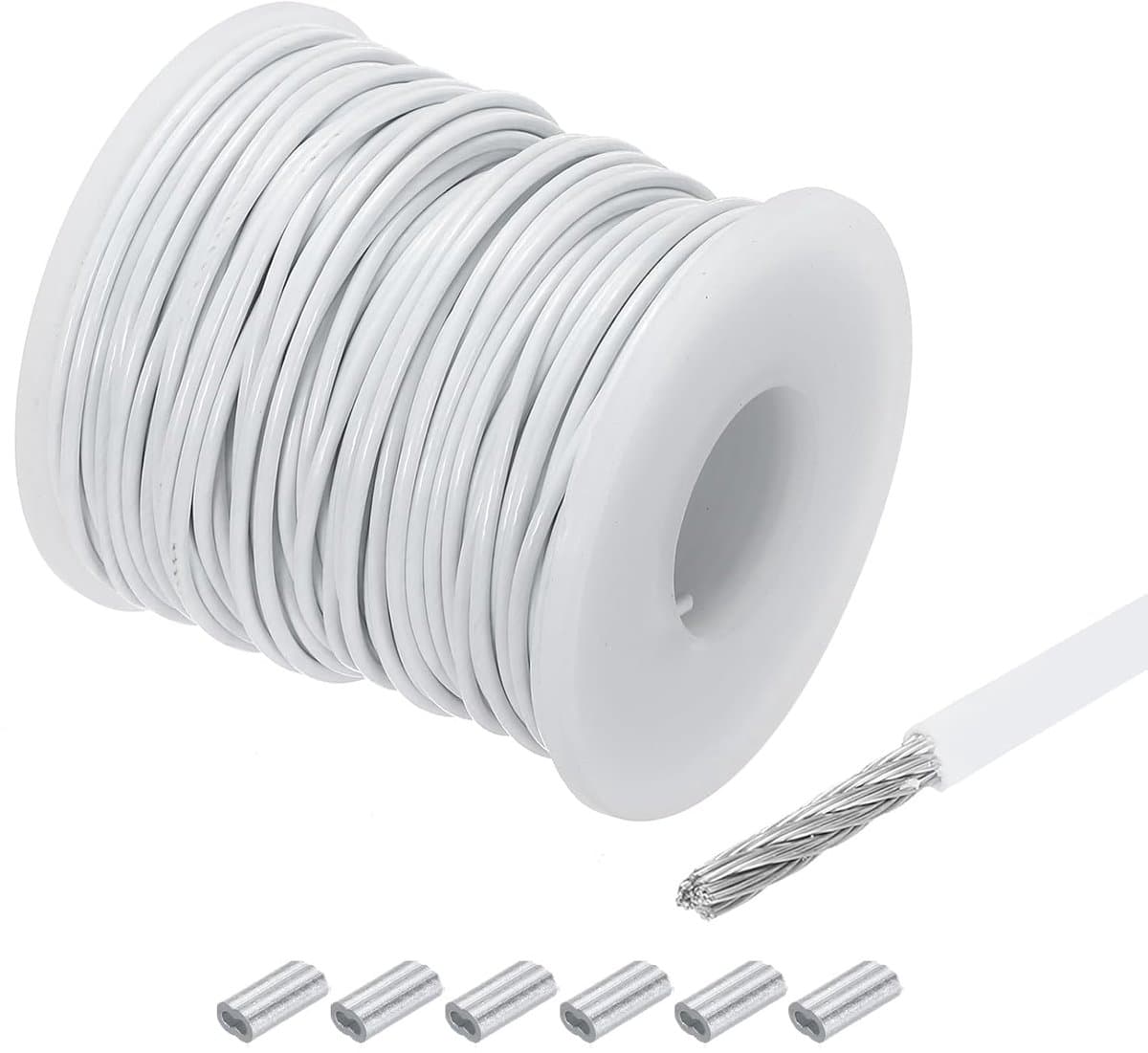 SnelShoppen - 30 meter roestvrijstalen kabel 304 1/16 inch (1,5 mm) vinyl gecoat met 6 aluminium sleeves voor ophangen, waslijn, decoratie, tuin en fe — afbeelding 1