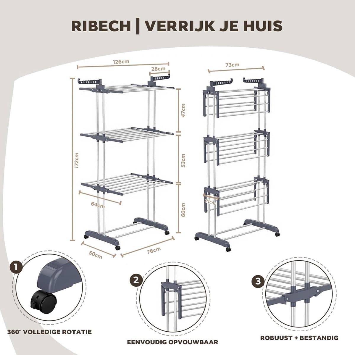 Toren droogrek met wieltjes - 4 laags staand droogrek van roestvrij staal - 6 inklapbare vleugels - Ruimtebesparend kledingrek - 76x50x172 cm - Voor balkon, badkamer en binnengebruik - Grijs — afbeelding 1