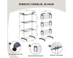 Toren droogrek met wieltjes - 4 laags staand droogrek van roestvrij staal - 6 inklapbare vleugels - Ruimtebesparend kledingrek - 76x50x172 cm - Voor balkon, badkamer en binnengebruik - Grijs