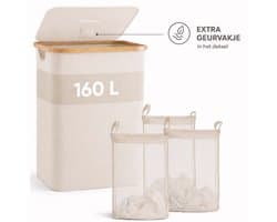 SOVARA- Wasmand 3 vakken - 160L - Beige - Bamboe wassorteerder - 3 uitneembare waszakken