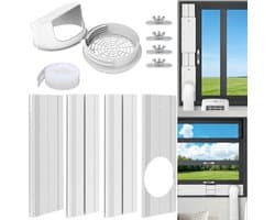 Airco Raamafdichting Voor Rolluiken | 4 Verstelbare Verdikte PVC Panelen | Universele 13/15cm Afvoerslang Adapter | 43-140cm Voor Verticaal & Horizontaal Schuifraam | Naadloze Rail Luchtdicht Energiebesparend | Zonder Gereedschap| Cyslmuk®