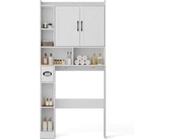 SnelShoppen - BonVache Wasmachinekast met 2 Deuren, Verstelbare Planken, Wasmachine Rek met Zijvak voor Keukenrol en 6 Open Compartimenten, Wit voor B