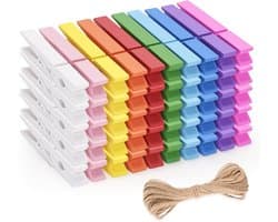 Kleurige Houten Kledingknijpers 7 cm - 50 Stuks Foto Clips met 10 m Jute Touw voor Kinderen, Knutselen en Verjaardagsdecoratie