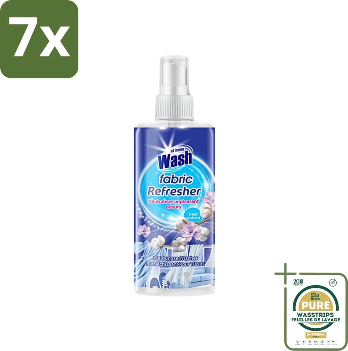 7 x At Home - Wash - Textielverfrisser - Fresh Cotton - Neutraliseert Onaangename Geuren - 300 ml - Grootverpakking - Textielverfrisser - Katoengeur - Geur Neutraliseren - Kleding Verfrissen - Stoffen Verfrissen — afbeelding 1