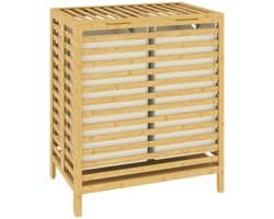 Wasmand 55 x 36 x 64,2 cm houtkleur bamboe, opvouwbare wasmand, dubbele wasmand met deksel, 2 uitneembare binnentassen, bovenplank, ademend raster, compact, stabiel, voor slaapkamer, badkamer