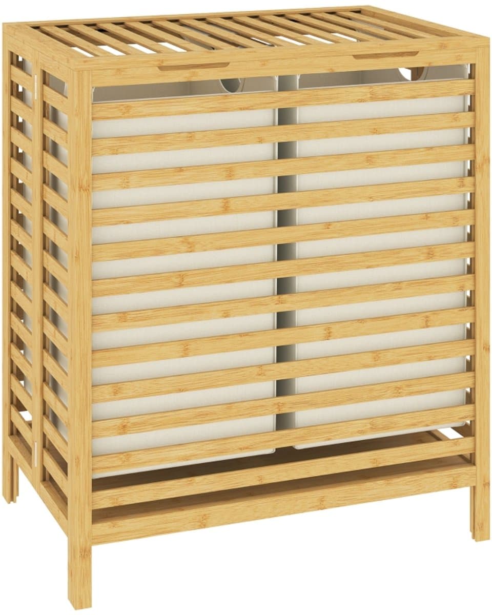 Wasmand 55 x 36 x 64,2 cm houtkleur bamboe, opvouwbare wasmand, dubbele wasmand met deksel, 2 uitneembare binnentassen, bovenplank, ademend raster, compact, stabiel, voor slaapkamer, badkamer — afbeelding 1