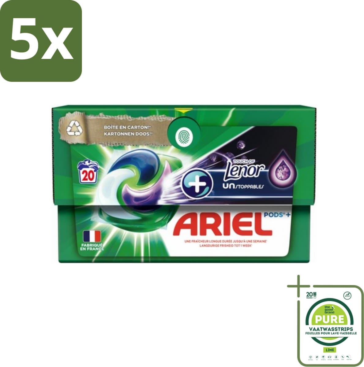 5 x Ariel Original - Touch of Lenor Unstoppables - Wasmiddelcapsules - Pods+ - Witte en Gekleurde Was - 20 Wasbeurten - Grootverpakking - Wasmiddelcapsules - Waspoeder - Ariel - Lenor - Wasverzachter — afbeelding 1