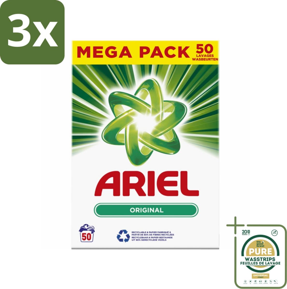 3 x Ariel Original - Waspoeder - Witte en Lichtgekleurde Was - 50 Wasbeurten - Grootverpakking - Waspoeder - Reiniging - Wasmachine - Energiebesparing - Milieuvriendelijk — afbeelding 1