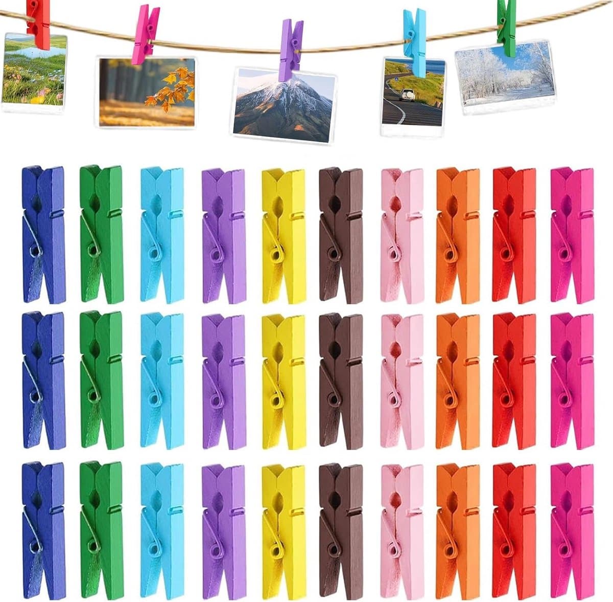 Allround-wasknijperset - Wasknijpers - Houten wasknijpers - Kleurrijk - Jute koord - 100 stuks - 3,5 cm - Foto's - Collages - Kleurrijk model — afbeelding 1