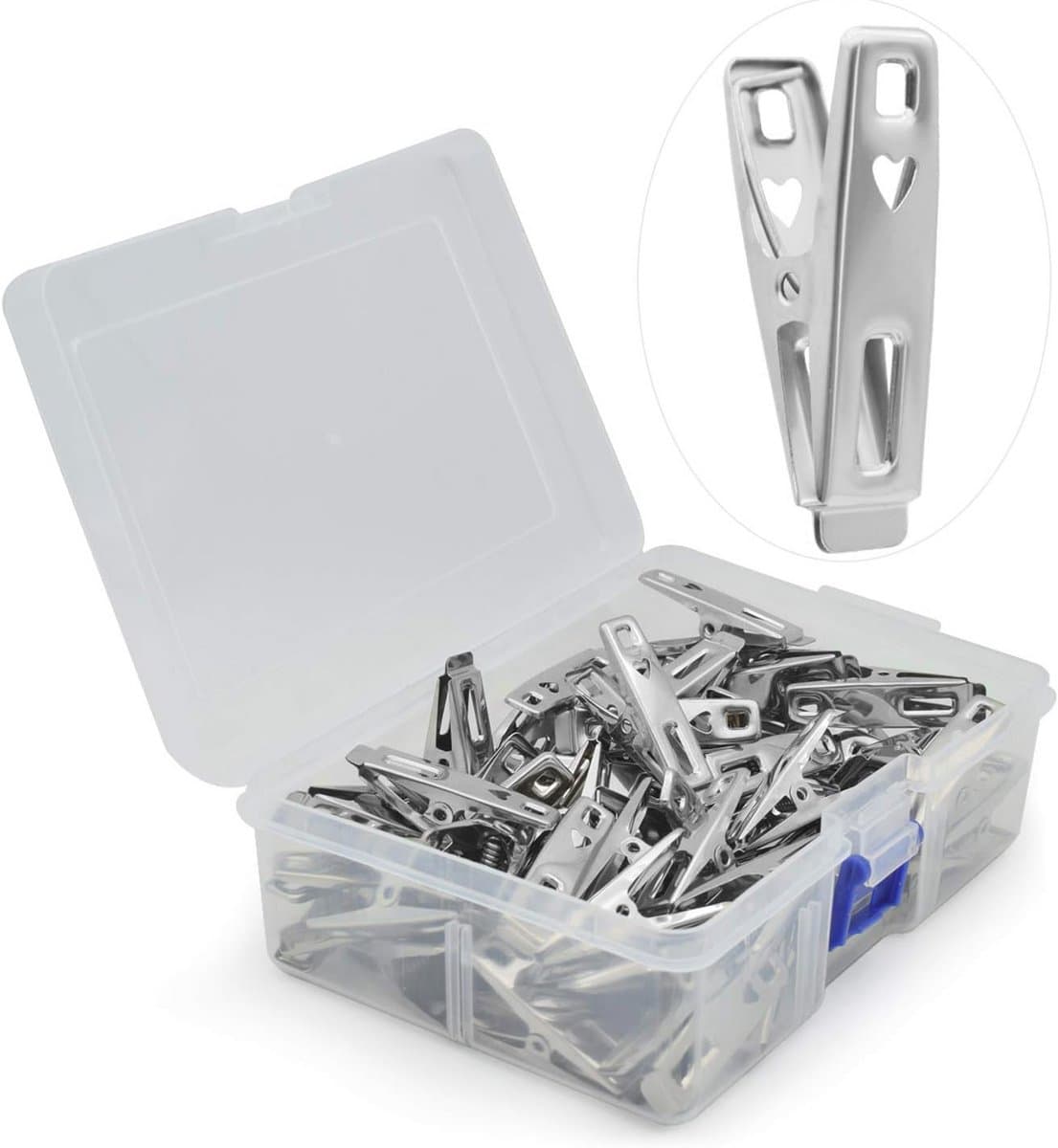 60 Stuks Roestvrijstalen Wasknijpers - Multifunctionele Kleding Clips en Voedsel Afdichting met Opbergdoos — afbeelding 1