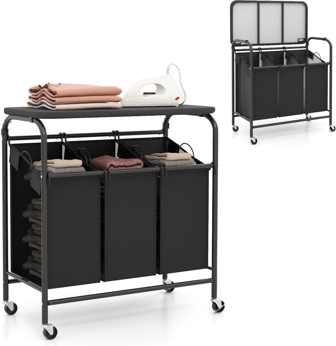 COSTWAY Wasmand met strijkplank, wasverzamelaar met 3 vakken en deksel, wassorteerwagen met wielen, wasbox uittrekbaar voor badkamer, bijkeuken, 80,5 x 41,5 x 87,5 cm — afbeelding 1