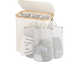 Deliqa-wasmand-160 Liter-zwart-3 vakken-wasbare binnenzak-hoge wasmand met deksel-opvouwbare wassorteerder-zwarte wasmand