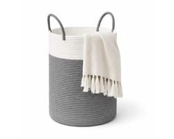 Wasmand van gevlochten katoenen touw met handgrepen, grote opbergmand voor speelgoed in de kinderkamer, dekens in de woonkamer, D 35 x H 50 cm, wit en grijs — afbeelding 1