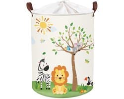 Kinder Opvouwbare Opbergmand met Handvatten - Met Leeuw & Olifant Design - Voor Kleding & Speelgoed - Voor Babykamer & Badkamer - 40 x 50 cm