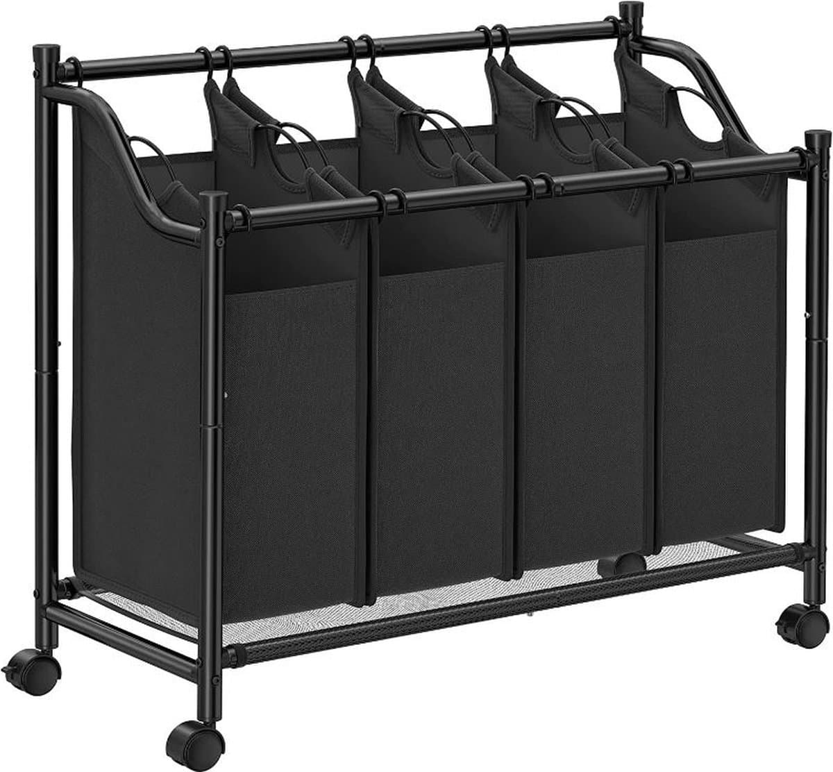 MIRA Home - Wasmand op wielen - Wassorteerder met 4 Compartimenten - Zwart - Metaal/Stof - 38,5x87,5x81 — afbeelding 1