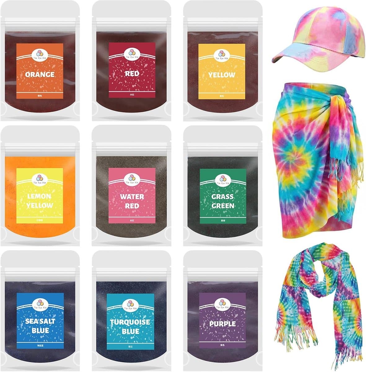 9 x 10 g textielverfset voor doe-het-zelf overhemd, kleurstof voor textiel, machinewasbaar, alles in 1 stof, tie dye batikkleuren, set voor T-shirts, stoffen zakken, doe-het-zelf kleding — afbeelding 1