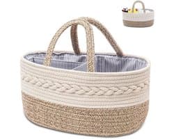 Thijox - Luierorganizer Beige Crème - Geweven Katoenen Touw Opbergmand met Draagbare Handgreep en 3 Afneembare Scheidingswanden voor Luiers en Babyacc