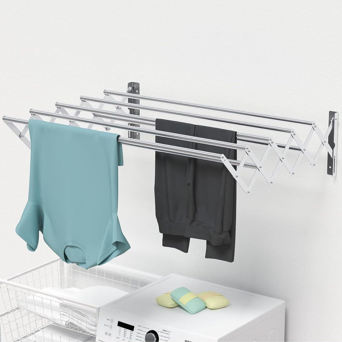 Wandmontage kleeddroger - Uittrekbare droogstandaard - Kleding Drogen - Ruimtebesparend Inklapbaar - 65-127cm Uittrekbaar - Zilverkleurig — afbeelding 1