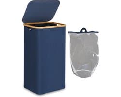 efluky Wasmand met deksel 100 liter, grote wasmand, bamboe 100 l hoge wasmand vuilwasemmer emmer vuile kleding tas, blauw