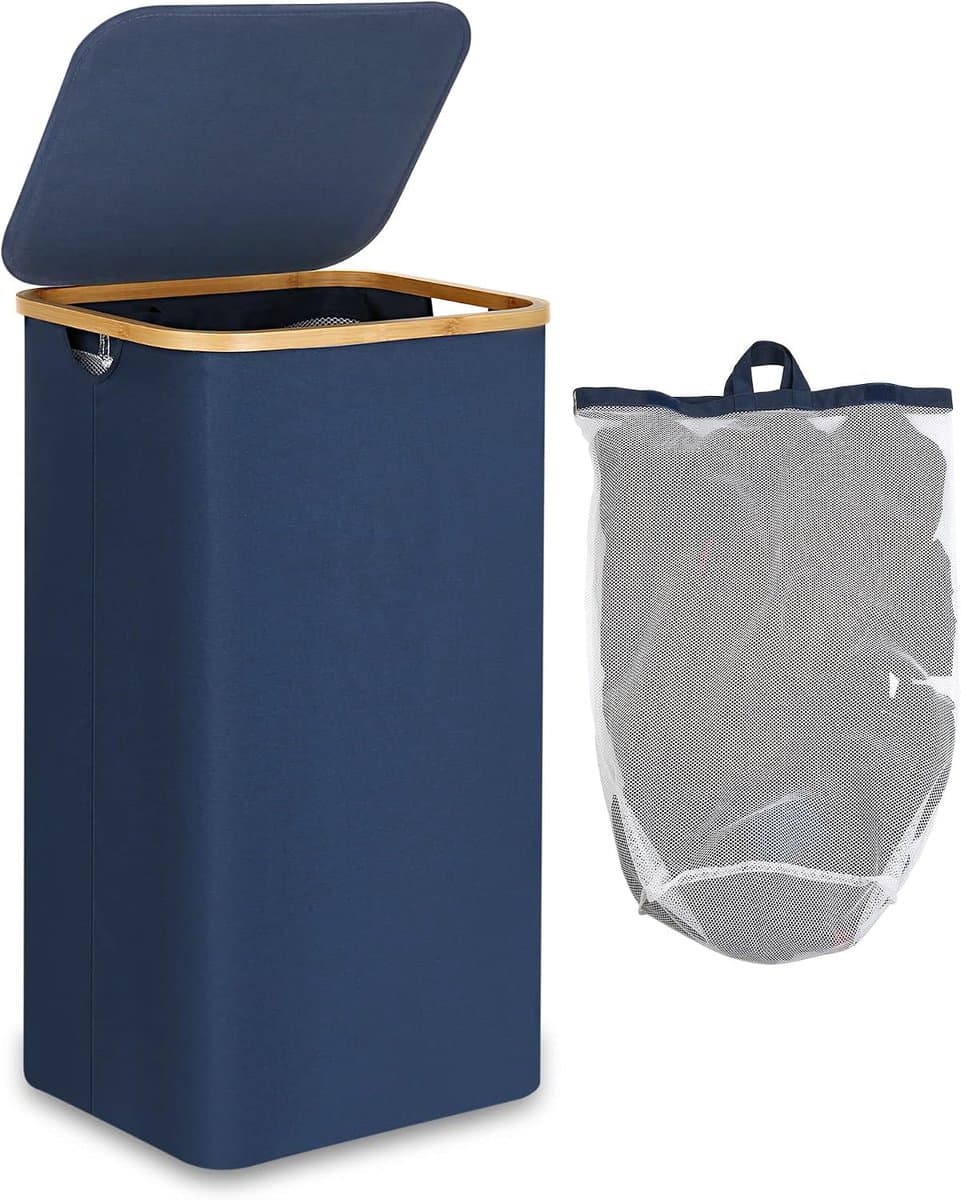efluky Wasmand met deksel 100 liter, grote wasmand, bamboe 100 l hoge wasmand vuilwasemmer emmer vuile kleding tas, blauw — afbeelding 1