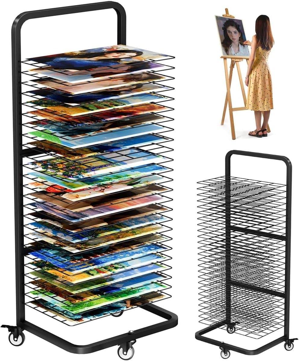 SnelShoppen - Heavy Duty Kunst Schilderij Droogrek Met 25 Afneembare Planken, Mobiele Canvas Opslagstandaard Met Vergrendelbare Wielen Voor Kunststudi — afbeelding 1