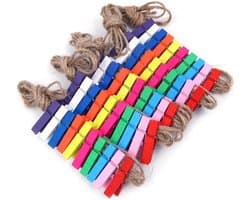 50 houten wasknijpers van 1,3 inch met 2 meter jute touw voor knijpers, decoratie en hobbygebruik