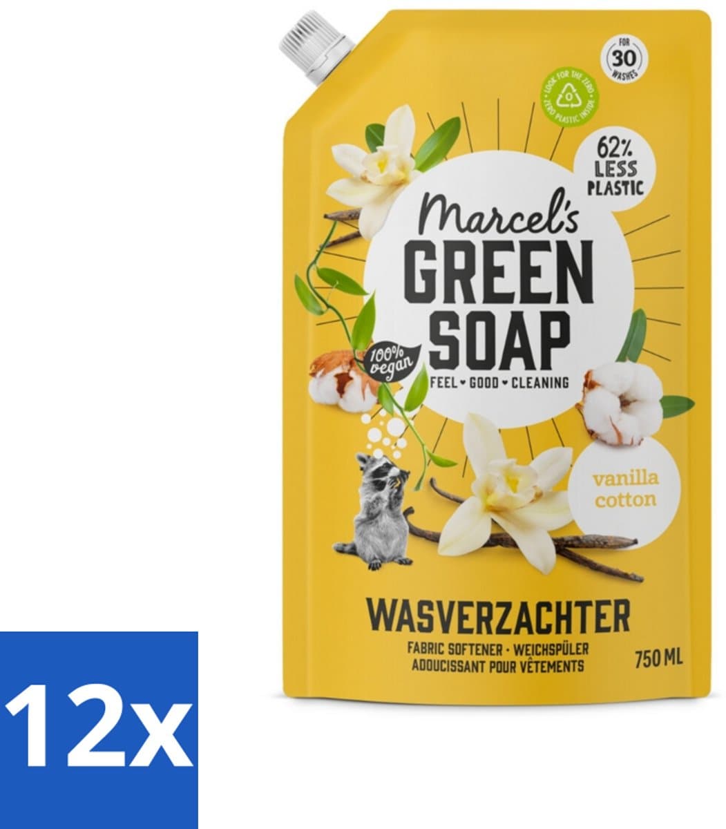 12 x Marcel's Green Soap - Wasverzachter - Navulling - Katoen & Vanille - Zachte frisheid- 30 Wasbeurten - 750 ml - Wasverzachter - Katoen Geur - Vanille Geur - Milieuvriendelijk - Navulverpakking — afbeelding 1