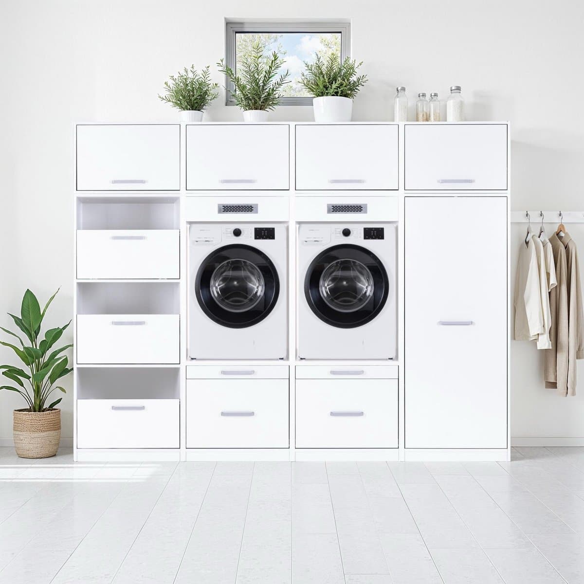 Interlink Lifestyle Studio Flow wasruimtecombinatie Bundel 3 wit - Complete wasruimte met 2 wasmachinekasten, 2 opbergkasten en 4 bovenkasten - Uittrekbare werkbladen - Softclose - Aluminium grepen - 268 x 68 x 208 cm — afbeelding 1