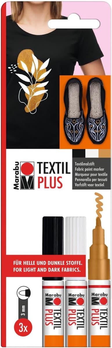 Textil Painter Plus, set van 3 textielstiften voor licht- en donkerkleurige stoffen, textielverfstift met 3 mm punt, op waterbasis, wasbestendig tot 40°C na fixeren, 0118000000081 — afbeelding 1