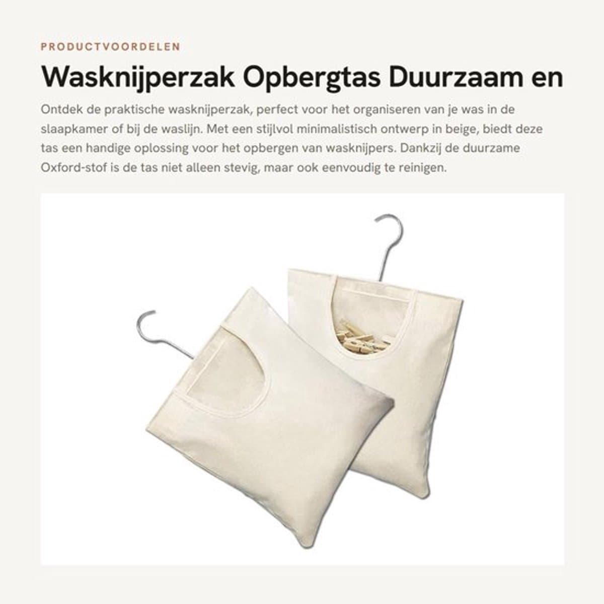 Wasknijperzak Duurzaam - Wasknijpertas - Opbergtas - Hangende Wasknijperzak - 2 Stuks - 27 x 32 cm - Beige — afbeelding 1