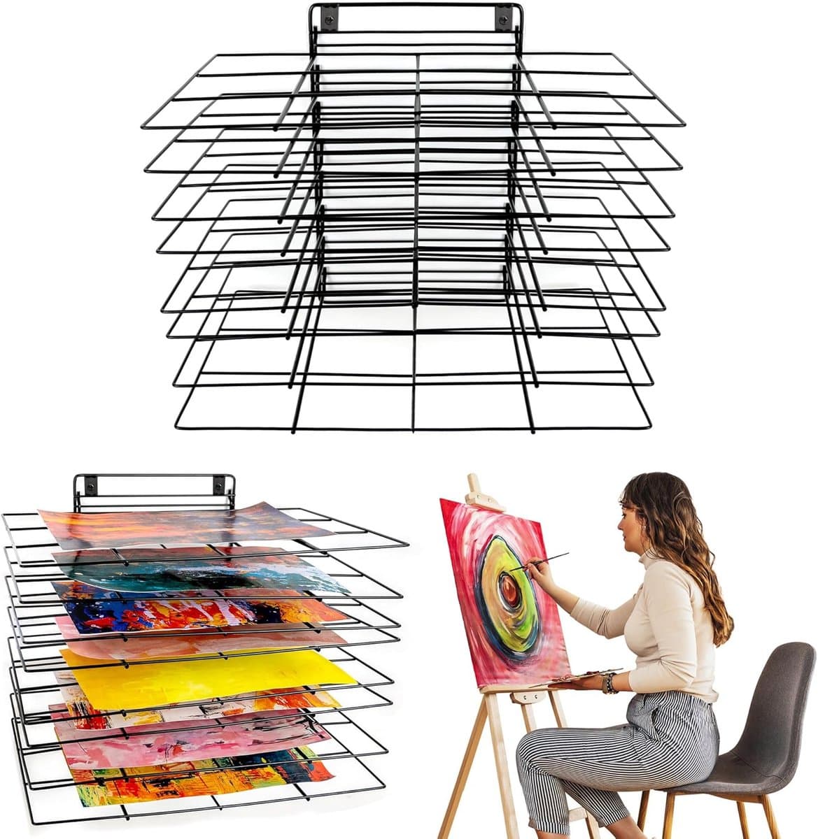 Kunst Droogrek Voor Klaslokaal | Klein Ophangbaar Verf Droogrek | 8 Verwijderbare Planken | Canvas Kunstopslag Met Schroeven | Stapel Voor Schilderijen, Tekeningen En Meer — afbeelding 1